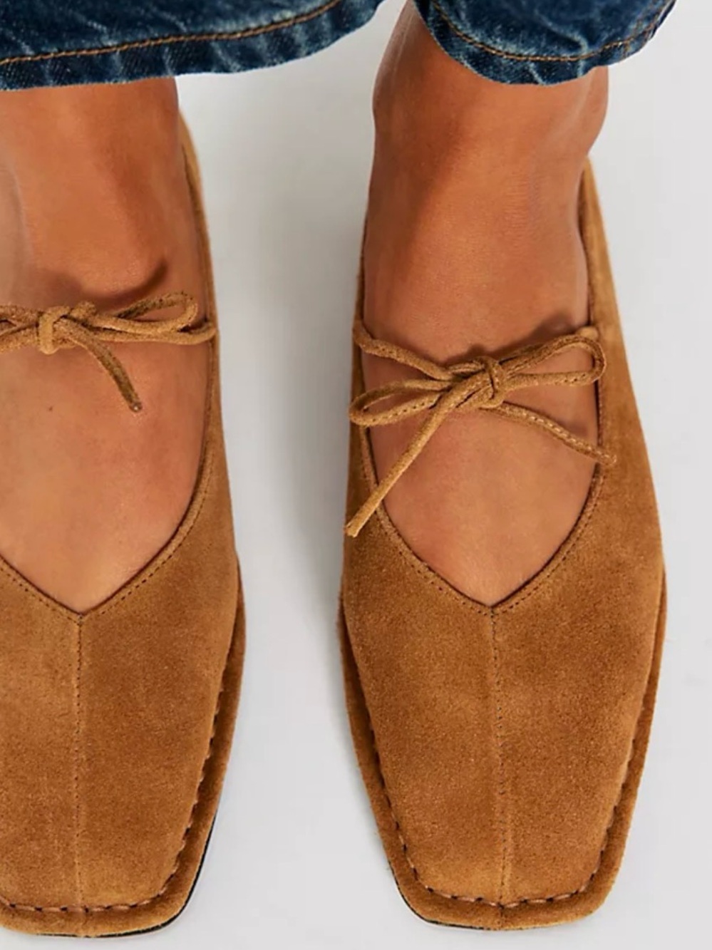 NWOT SUIARA Cognac Suede Square Toe Lace-Up Ballet Flats